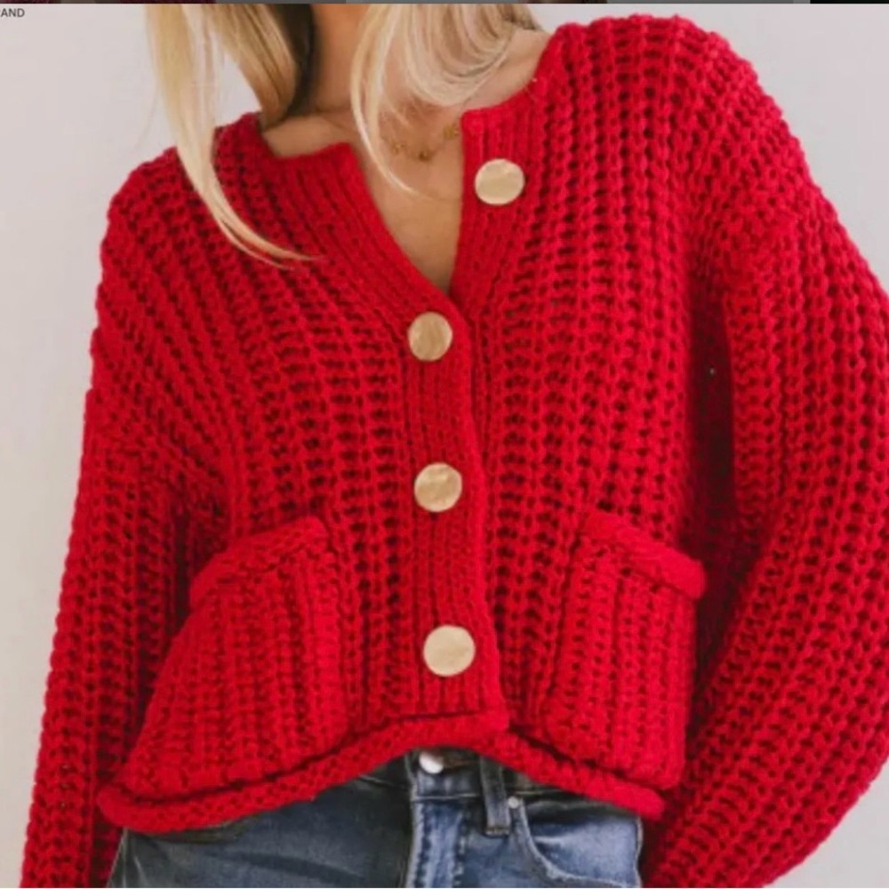 Hand Knit Chunky Cardigan Sweater Red Large NWOT